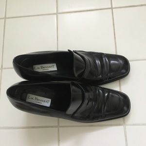 LK Bennett black stacked heel loafers